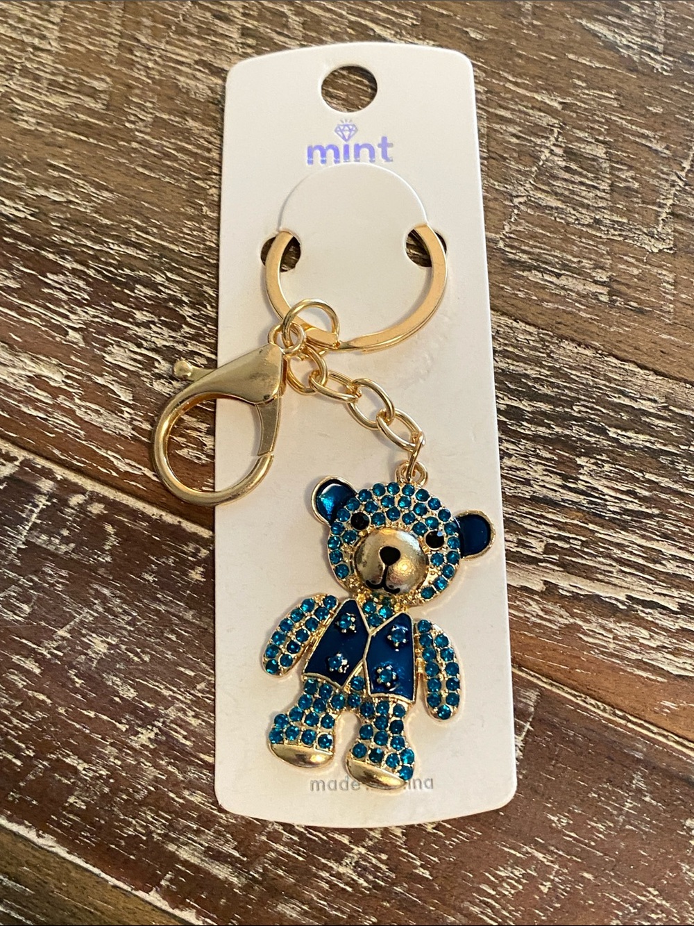 Mint Blue Crystal Teddy Bear Key Fob - Gold Hardware